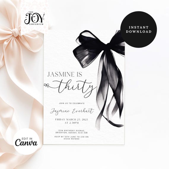 Black Bow Birthday Invitation Template | Editable 30th Birthday Invite | Minimalist Black Ribbon Design | Coquette Black Bow 30th Invitation