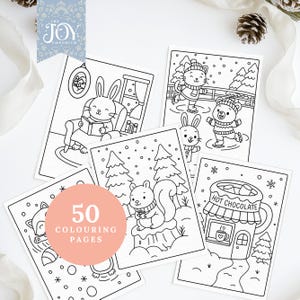 Cozy printable winter colouring pages featuring bunny reading, animals ice skating, squirrel, and hot chocolate café. Cute Christmas colouring sheets for kids and adults, ideal for festive crafts, winter colouring books, and creative fun.