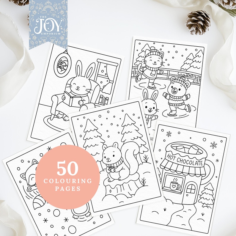 Cozy printable winter colouring pages featuring bunny reading, animals ice skating, squirrel, and hot chocolate café. Cute Christmas colouring sheets for kids and adults, ideal for festive crafts, winter colouring books, and creative fun.