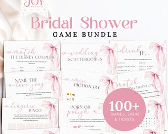 Pink Bow Bridal Shower Game Bundle: 100+ Printable Games (Digital Download)