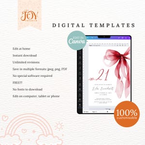 May include: A digital template for a 21st birthday invitation. The invitation features a watercolor-style illustration of a red bow with the number 21 in the center. The text "You're invited to celebrate Lila Everhart" is below the bow. The invitation is customizable and can be edited in Canva.