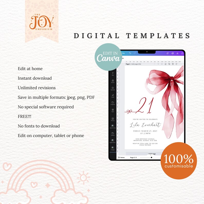 May include: A digital template for a 21st birthday invitation. The invitation features a watercolor-style illustration of a red bow with the number 21 in the center. The text "You're invited to celebrate Lila Everhart" is below the bow. The invitation is customizable and can be edited in Canva.