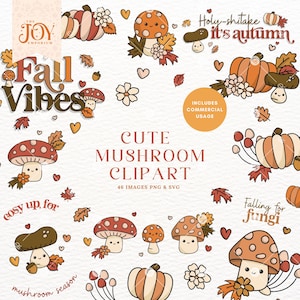 Clip Art di funghi carini / Clip Art autunnale / Modello senza cuciture / Clipart autunnale / Fungo autunnale PNG / Estetica kawaii autunnale / SVG autunnale
