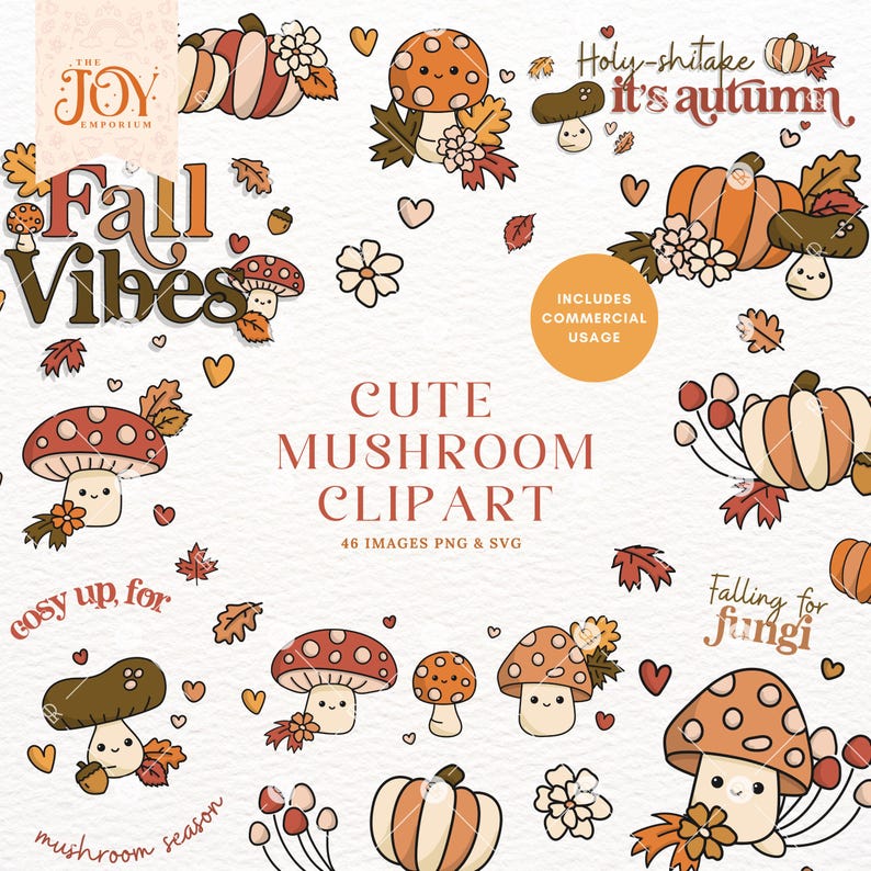 Op de afbeelding: Een verzameling schattige paddenstoel- en pompoenillustraties in bruin, oranje en wit. De tekst bevat "Fall Vibes", "Cute Mushroom Clipart" en "Holy-shitake it's autumn". Bevat 46 afbeeldingen in PNG- en SVG-formaat.