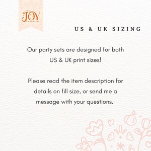 May include: A cream-colored graphic with text that reads "US & UK SIZING". The text explains that party sets are designed for both US and UK print sizes. The Joy Emporium logo is in the upper left corner.