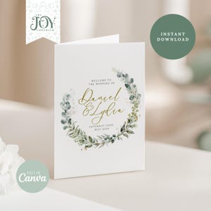 Może przedstawiać: Edytowalny szablon programu ceremonii ślubnej z wzorem zielonej i złotej wianki z eukaliptusa. Tekst brzmi: "Witamy na ślubie Daniela i Lidii, sobota, 20 maja 2024".