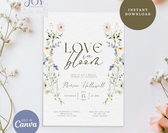 Faire-part de douche nuptiale fleurs sauvages bleues : modèle floral modifiable (téléchargement numérique)