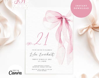 Minimalist 21st Birthday Invitation | Stylish Pink Bow Birthday Invite | Editable Template for 21st Birthday | Digital Download Invitation