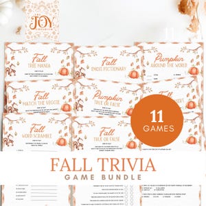 "Printable Fall Trivia Game Bundle by The Joy Emporium featuring 11 fall-themed games perfect for Thanksgiving, family game night, and autumn parties. Includes games like Fall Emoji Pictionary, Pumpkin True or False, Word Scramble, and Classic Trivia. Designed for all ages, ideal for fall party games, Thanksgiving games, and family fall games. Includes answer sheets and cozy autumn illustrations with pumpkins and leaves."