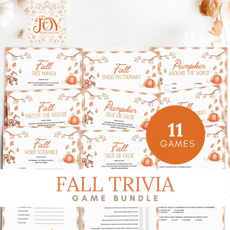 "Printable Fall Trivia Game Bundle by The Joy Emporium featuring 11 fall-themed games perfect for Thanksgiving, family game night, and autumn parties. Includes games like Fall Emoji Pictionary, Pumpkin True or False, Word Scramble, and Classic Trivia. Designed for all ages, ideal for fall party games, Thanksgiving games, and family fall games. Includes answer sheets and cozy autumn illustrations with pumpkins and leaves."