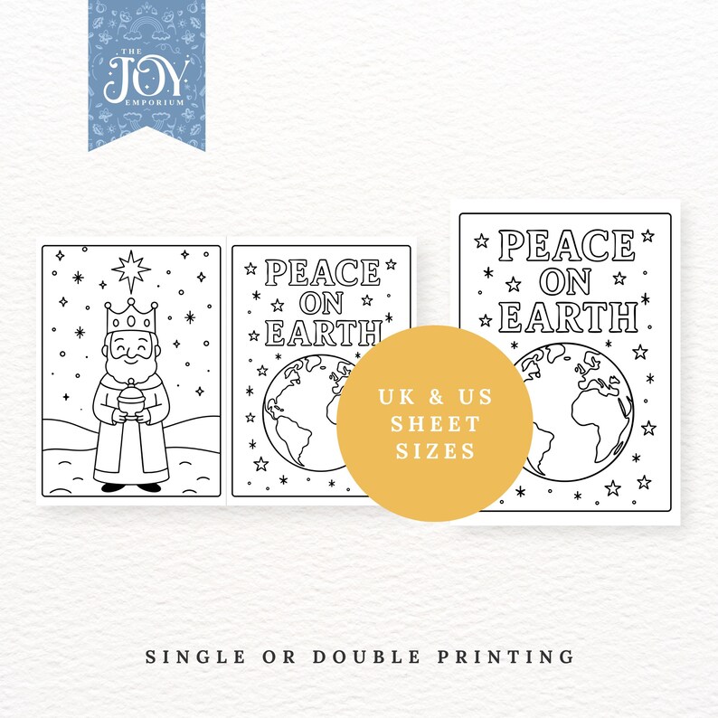 Christian Christmas colouring pages showing a Wise Man holding a gift and two versions of a Peace on Earth Bible verse colouring sheet. This Nativity printable set includes UK and US sizes and is perfect for religious colouring activities, Sunday School crafts, Christmas printables for kids, and meaningful Christian colouring pages that celebrate the Christmas story.