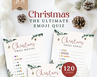 May include: A printable Christmas emoji quiz with 120 clues. The quiz includes categories for Christmas movies, songs, and general Christmas trivia. The design features a watercolour illustration of a snowy forest scene.