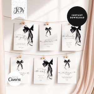 Ensemble d'enseignes avec noeud noir | Modèles nuptiales personnalisables de douche | Téléchargement numérique | Plaque personnalisée | Ensemble d'enseignes pour table de fête | Signe de mariage