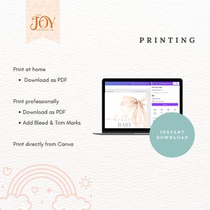 May include: A digital mockup of a printable design for a baby shower or gender reveal party. The design features a pink and white watercolor bow with the text "hello baby" in a script font. The design is displayed on a laptop screen with the Canva logo visible. The text "INSTANT DOWNLOAD" is displayed in a circle with a light blue background.