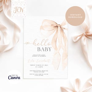 May include: A light pink and white baby shower invitation with a watercolor illustration of a bow. The text reads "hello baby" and includes the name "Lila Everhart", the date "Friday March 25, 2025", and the time "2:30PM".