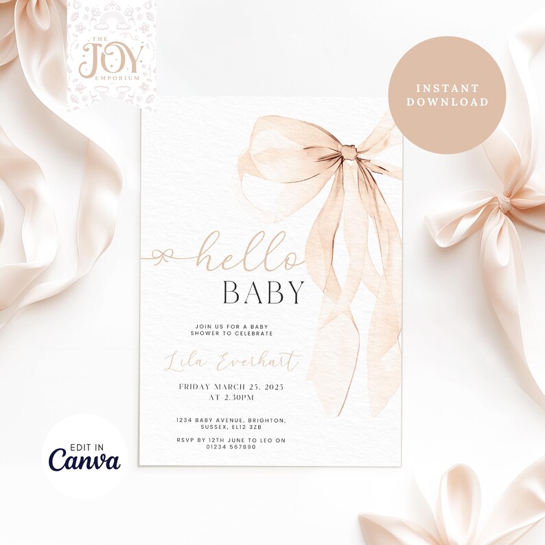 May include: A light pink and white baby shower invitation with a watercolor illustration of a bow. The text reads "hello baby" and includes the name "Lila Everhart", the date "Friday March 25, 2025", and the time "2:30PM".