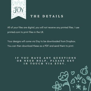 May include: A teal graphic with white text that reads "THE DETAILS". The text explains that files are digital and will be downloaded from Dropbox via Etsy. The Joy Emporium logo is in the upper left corner.