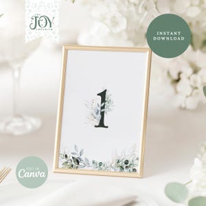 Eucalyptus Table Number Template | Printable Greenery Wedding Decor | Editable Sage Green Table Cards | Rustic Botanical Design for Events
