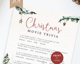 Op de afbeelding: Een printbaar kerstfilm-trivia-spel met een rode en witte winterachtergrond. Het spel bevat vragen over klassieke kerstfilms zoals Home Alone, Elf, A Christmas Carol en A Christmas Story. De tekst "THUIS PRINTEN" staat in een rode cirkel.