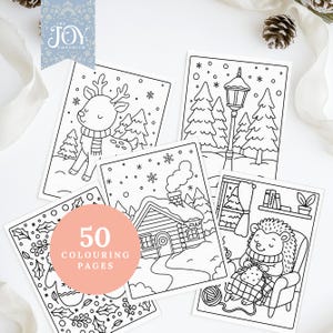 Winter colouring pages showing reindeer, woodland cabin, and hedgehog knitting by the fire. Printable Christmas colouring sheets for kids and adults, perfect for holiday crafts, Christmas printables, and relaxing winter activities.