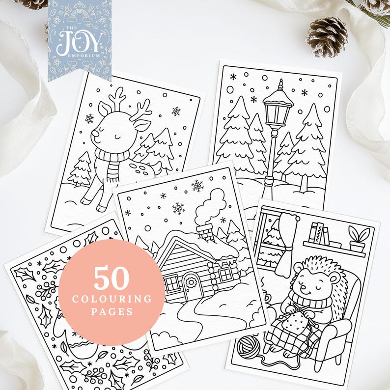 Winter colouring pages showing reindeer, woodland cabin, and hedgehog knitting by the fire. Printable Christmas colouring sheets for kids and adults, perfect for holiday crafts, Christmas printables, and relaxing winter activities.
