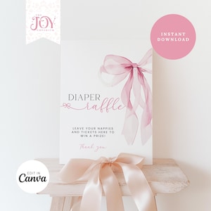Pink Bow Baby Shower Diaper Raffle Sign | Editable Template | Printable Diaper Game | Instant Download | Girl Baby Shower Decor