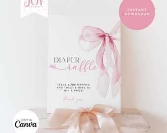 Rosa Schleife-Baby-Dusche-Windel-Verlosung Zeichen | Bearbeitbare Vorlage | Windel Spiel | Sofortdownload | Mädchen-Baby-Dusche-Dekor