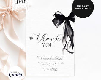 Black Bow Thank You Card | Personalized Wedding Stationery | Printed Thank You Notes | Elegant Black Ribbon Design | Bridal Shower Thank You