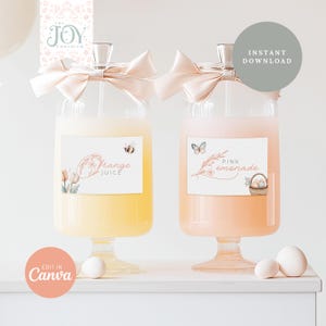 May include: Two glass beverage dispensers with labels. The dispenser on the left is filled with a yellow liquid and has a label that says "Orange Juice". The dispenser on the right is filled with a pink liquid and has a label that says "Pink Lemonade". Both labels have floral and butterfly designs.