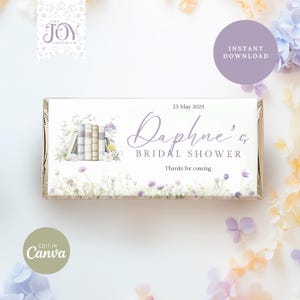 Könnte beinhalten: Ein weißer Schokoladenriegel mit einem Blumenmuster und dem Text "Daphne's Bridal Shower" und "Danke fürs Kommen".