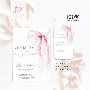 K&ouml;nnte beinhalten: Ein rosa Aquarell-Schleife auf wei&szlig;em Hintergrund. Der Text "Cheers to Eighteen" ist in einer Schreibschrift geschrieben. Die Einladung ist f&uuml;r eine Geburtstagsfeier und enth&auml;lt Datum, Uhrzeit und Ort. Der Text "Digital Version Included" ist in Fettdruck geschrieben.