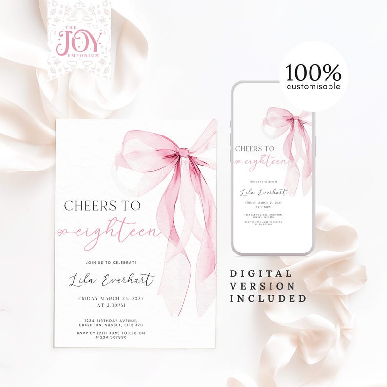 K&ouml;nnte beinhalten: Ein rosa Aquarell-Schleife auf wei&szlig;em Hintergrund. Der Text "Cheers to Eighteen" ist in einer Schreibschrift geschrieben. Die Einladung ist f&uuml;r eine Geburtstagsfeier und enth&auml;lt Datum, Uhrzeit und Ort. Der Text "Digital Version Included" ist in Fettdruck geschrieben.