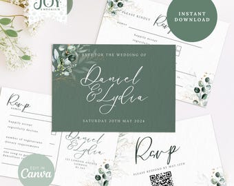 Tarjetas RSVP verde salvia / Plantilla de invitación de boda con vegetación / Tarjeta con detalles editables / Diseño imprimible moderno / Tarjetas RSVP de eucalipto