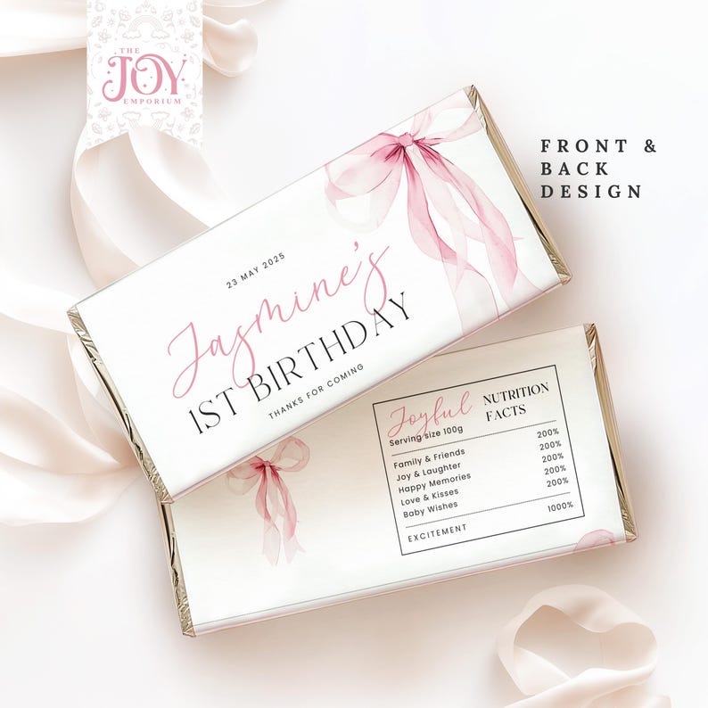 Pink Ribbon Wrapper Pink Bow Chocolate Bar Wrapper Template | Editable Candy Bar Labels ...