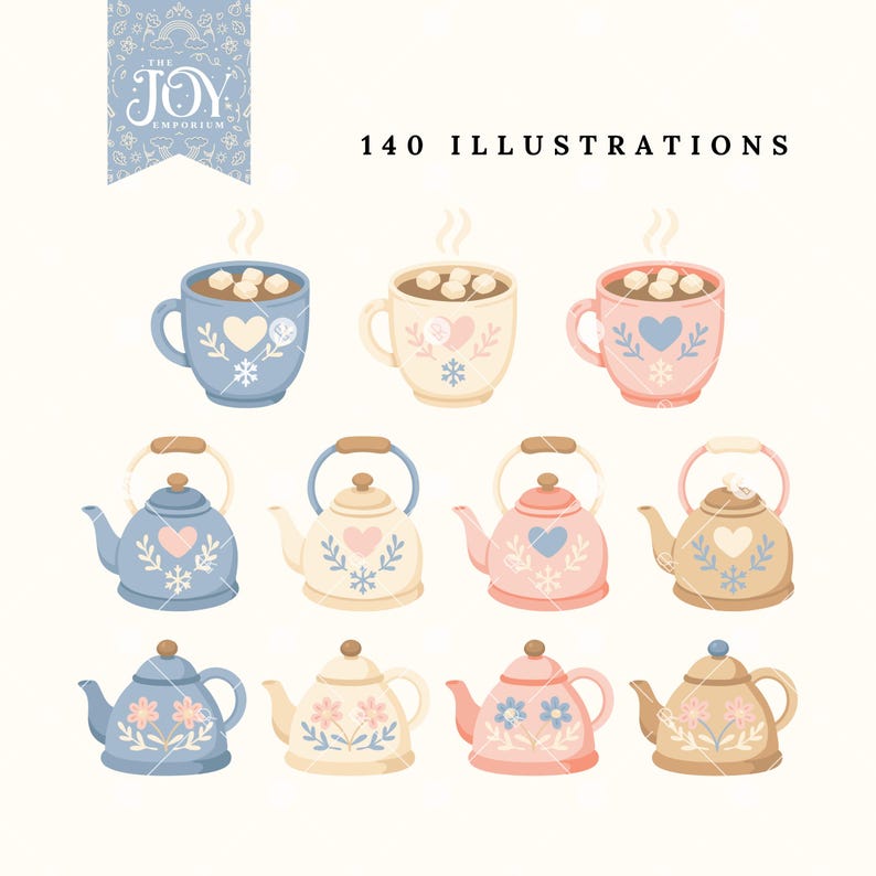 Warm and cozy Christmas clipart showing steaming mugs of hot chocolate, floral teapots, and heart-decorated kettles in watercolor pastel tones. Perfect Cozy Winter PNGs for holiday projects and invitations.
