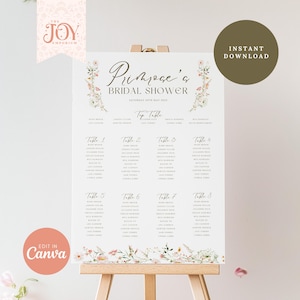 Mapa de assentos para casamento com flores silvestres: plano de mesa floral editável (download digital)