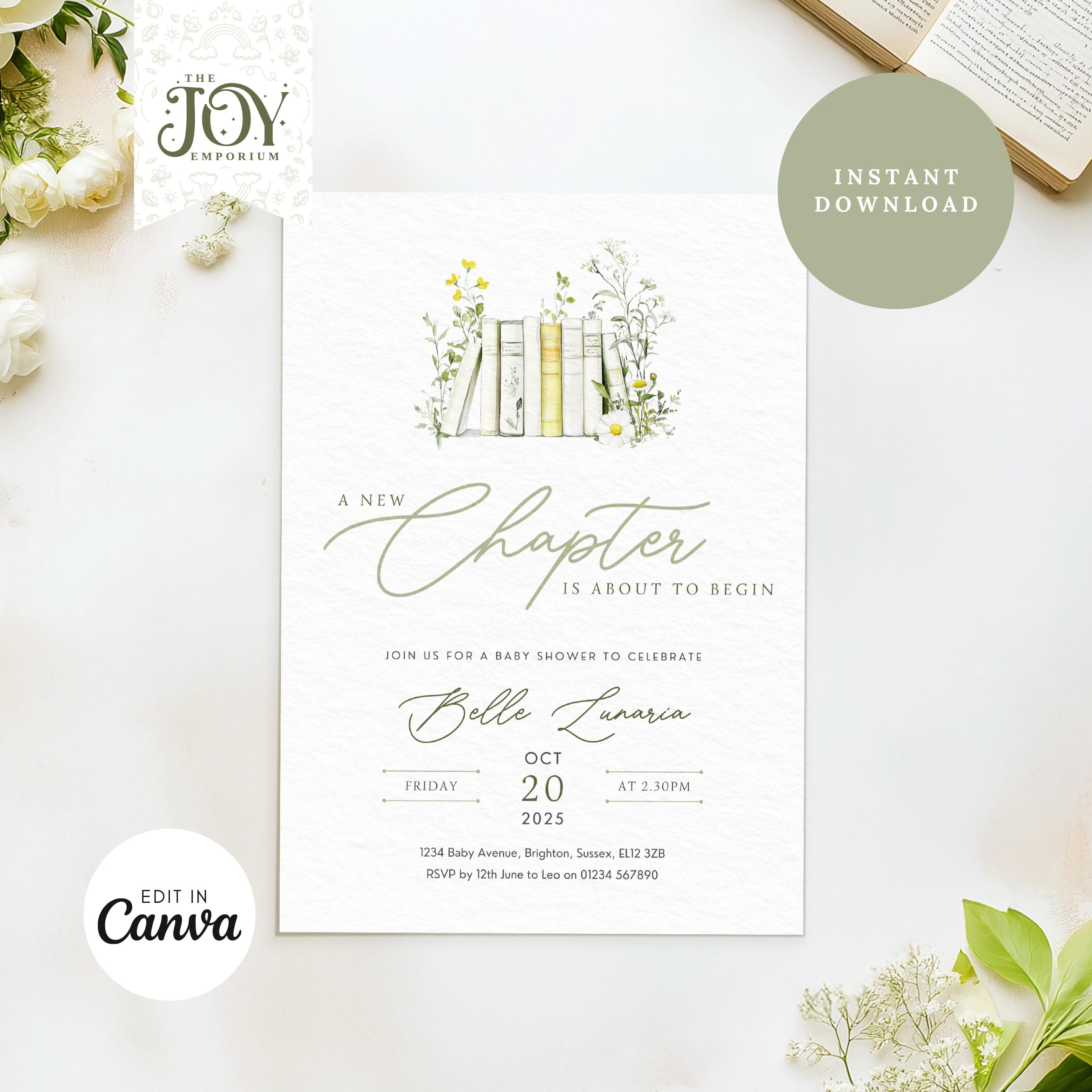 Storybook Baby Shower Invitation | Editable Template | A New Chapter Begins | Gender Neutral Invite | Vintage Book Theme | Sage Green Design