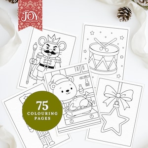 A preview image of five Christmas colouring pages featuring a nutcracker mouse king, a toy drum with drumsticks, a bear cooking a holiday turkey, a ribbon star ornament, and festive scenes. A green badge reading “75 colouring pages” sits over a cozy Christmas-themed flat lay with pinecones and ribbon.