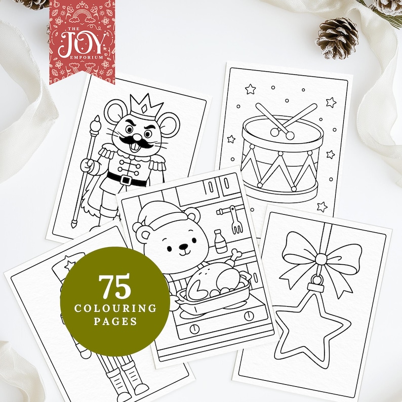 A preview image of five Christmas colouring pages featuring a nutcracker mouse king, a toy drum with drumsticks, a bear cooking a holiday turkey, a ribbon star ornament, and festive scenes. A green badge reading “75 colouring pages” sits over a cozy Christmas-themed flat lay with pinecones and ribbon.