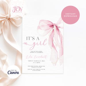 Pink Bow Baby Shower Invitation: Pearls, Editable Template (Digital Download)