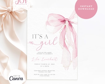 Pink Bow Baby Shower Invitation: Pearls, Editable Template (Digital Download)