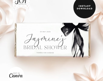 Black Bow Chocolate Wrapper | Editable Candy Bar Wrapper for Parties | Printable Favors | Elegant Decor Template | Bridal Shower Favors
