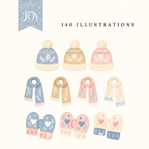 Set of cozy watercolor winter accessories clipart including woolly hats, knitted scarves, and mittens in pastel blue, pink, cream, and beige. Perfect Christmas clipart for warm, cottagecore holiday designs.
