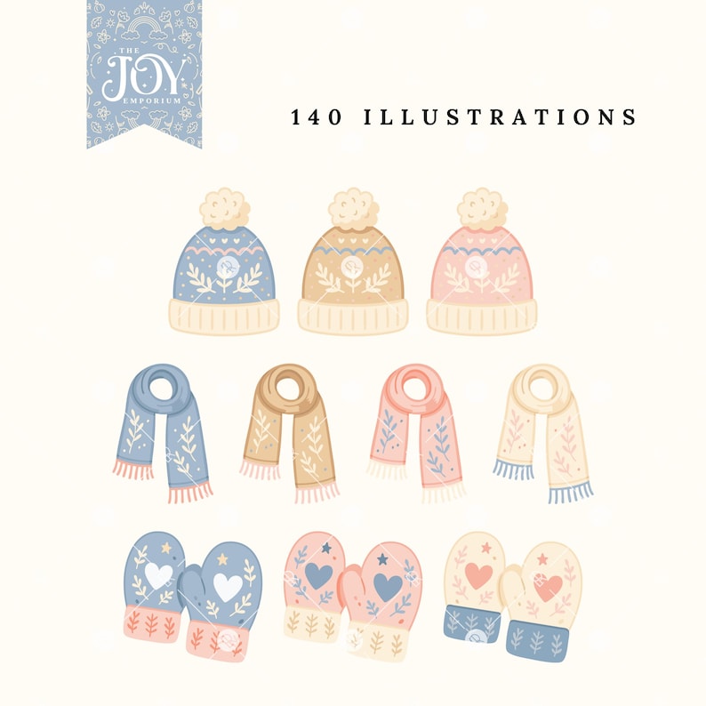 Set of cozy watercolor winter accessories clipart including woolly hats, knitted scarves, and mittens in pastel blue, pink, cream, and beige. Perfect Christmas clipart for warm, cottagecore holiday designs.