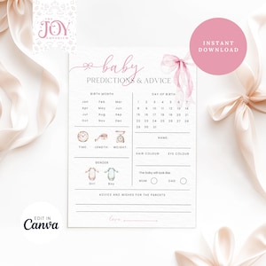 Voorspellingen babyshower roze strik | Advieskaarten voor babyshowers | Babyshowerspel | Direct downloaden | Gastenboek babyshower | Leuke babyshower