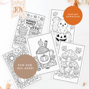 Printable fall coloring pages showing a farmers market stand, a squirrel in a pumpkin, a steaming mug of pumpkin spice latte, sunflowers, and whimsical mushrooms. Fun for all ages, this instant download fall coloring book includes 50 cozy autumn pages for kids and adults, ideal for seasonal crafts and classroom activities.