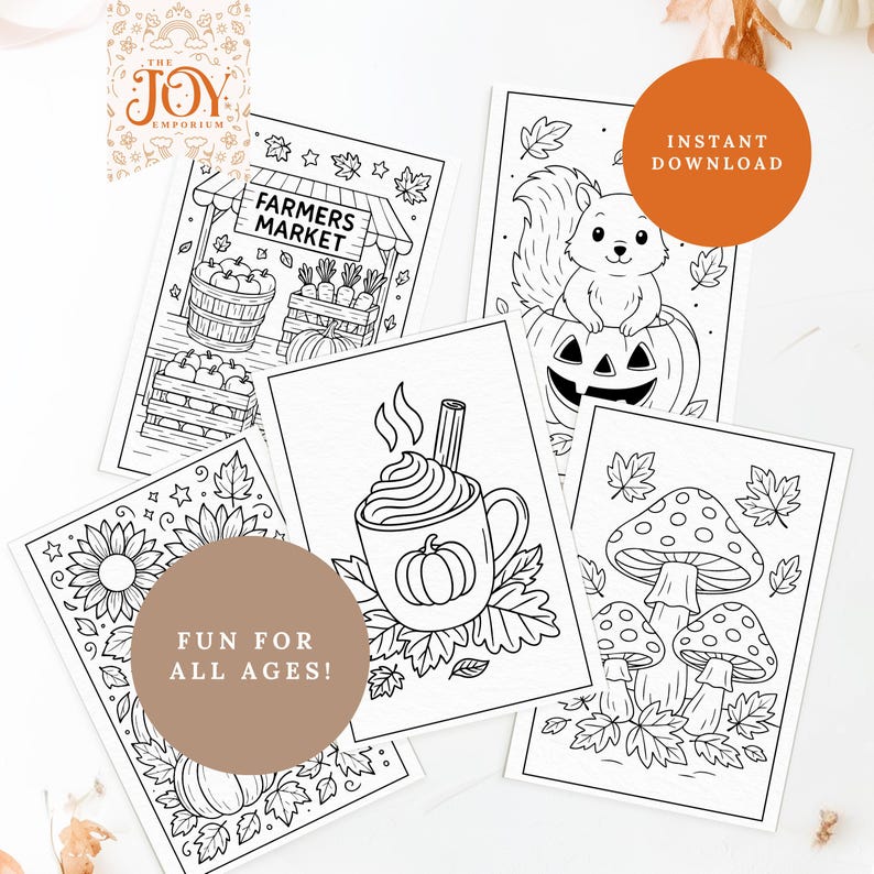 Printable fall coloring pages showing a farmers market stand, a squirrel in a pumpkin, a steaming mug of pumpkin spice latte, sunflowers, and whimsical mushrooms. Fun for all ages, this instant download fall coloring book includes 50 cozy autumn pages for kids and adults, ideal for seasonal crafts and classroom activities.