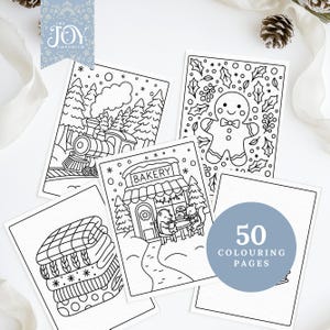 Printable winter colouring pages featuring a snowy steam train, gingerbread man, cozy bakery, and folded blankets. Christmas colouring sheets for kids and adults, perfect for festive crafts, creative winter activities, and holiday relaxation.