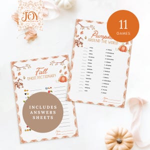 "Two printable game sheets titled Fall Emoji Pictionary and Pumpkin Around the World. Each has cute fall-themed illustrations. Orange circle says '11 Games' and brown badge reads 'Includes Answers Sheets.'"