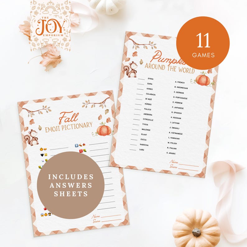"Two printable game sheets titled Fall Emoji Pictionary and Pumpkin Around the World. Each has cute fall-themed illustrations. Orange circle says '11 Games' and brown badge reads 'Includes Answers Sheets.'"